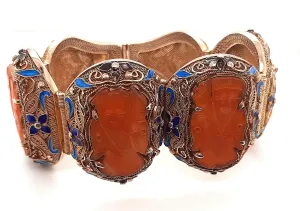 Carnelian & Enamel Gold Plated Silver Vintage Chinese Bracelet