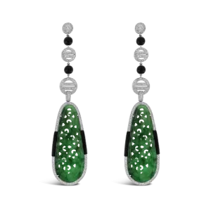 Carved Jade & Diamond Dangle Earrings