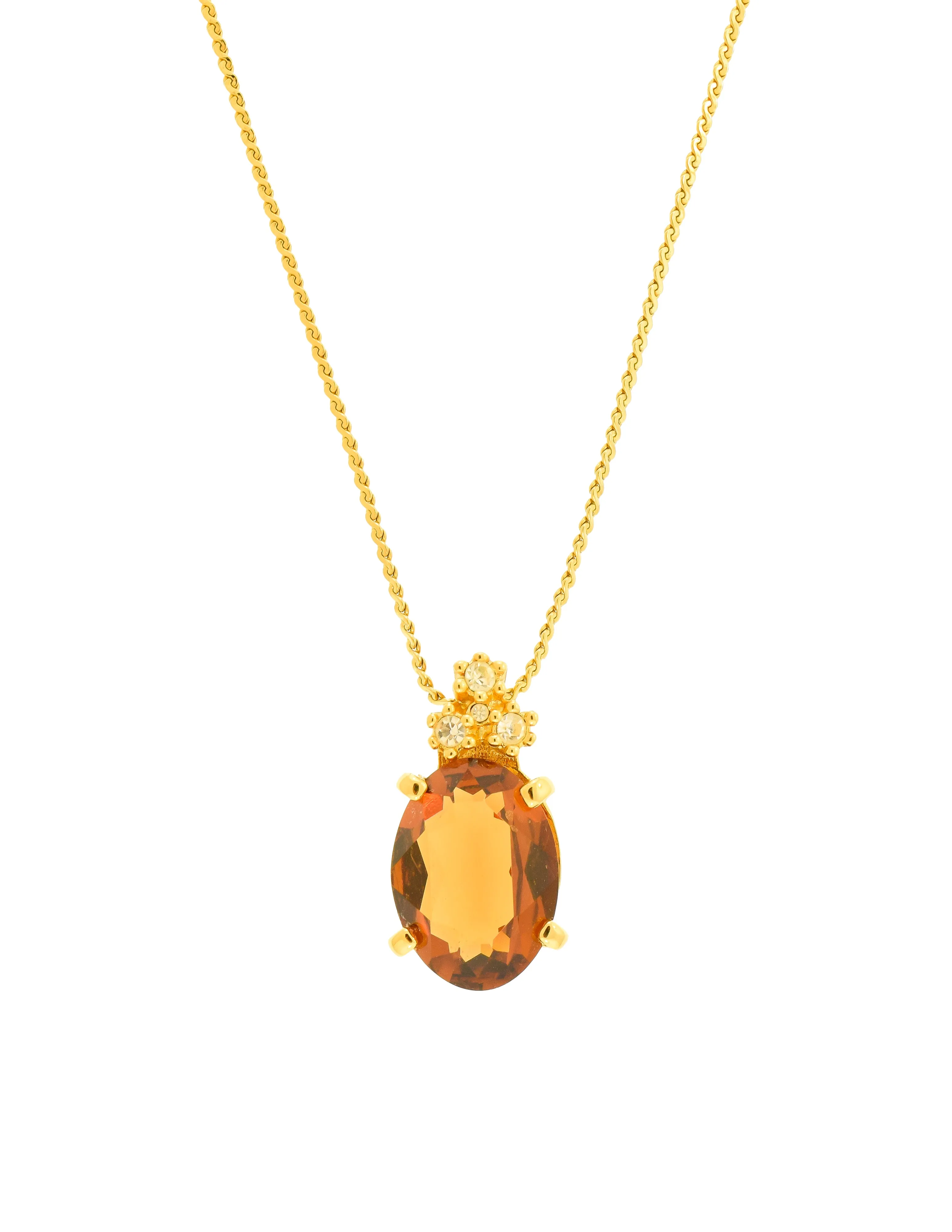 Christian Dior Vintage Amber Glass Rhinestone Pendant Gold Chain Necklace