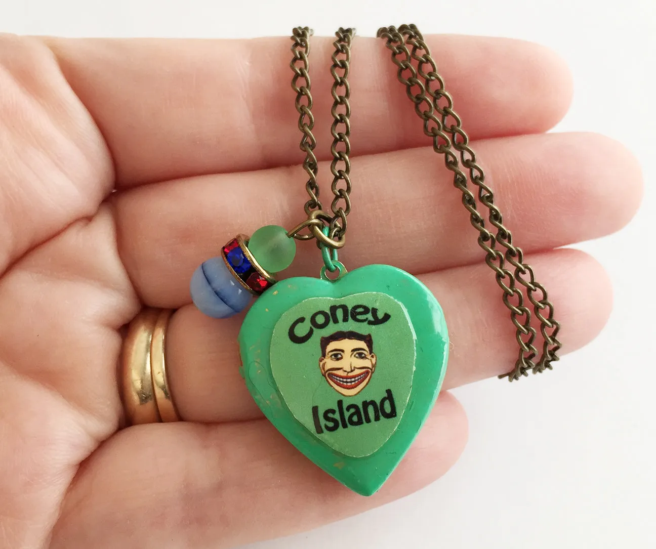 Coney Island Tillie Face Locket Necklace with Rhinestones