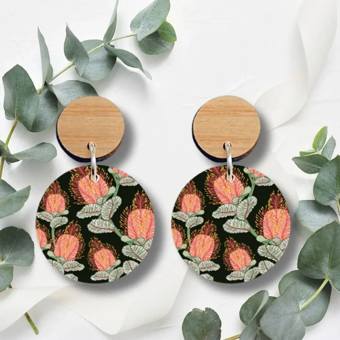 Coral Banksia Flower Wooden Earrings