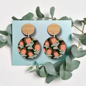 Coral Banksia Flower Wooden Earrings