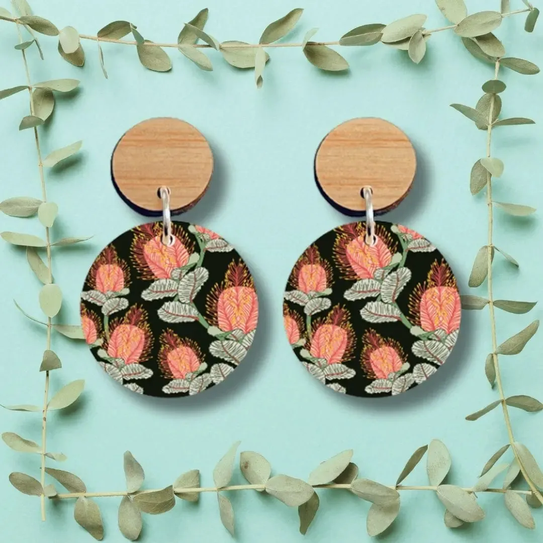 Coral Banksia Flower Wooden Earrings