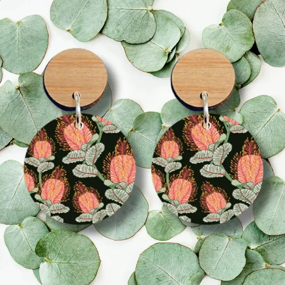 Coral Banksia Flower Wooden Earrings