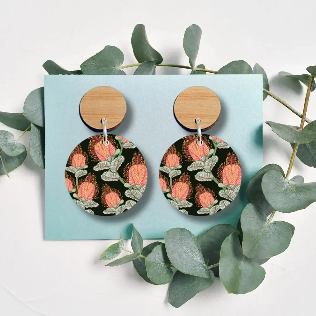 Coral Banksia Flower Wooden Earrings