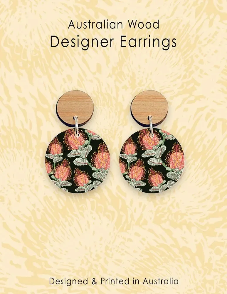 Coral Banksia Flower Wooden Earrings