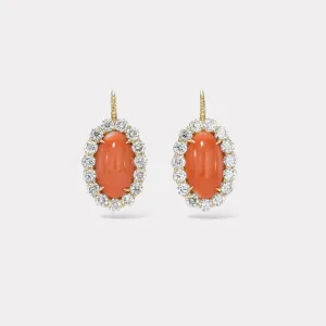 Coral Cabochons with Diamond Halo Heirloom Bezel Earrings