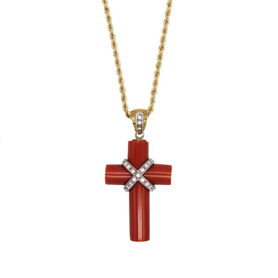 CORAL CROSS PENDANT NECKLACE WITH DIAMONDS - GOLD