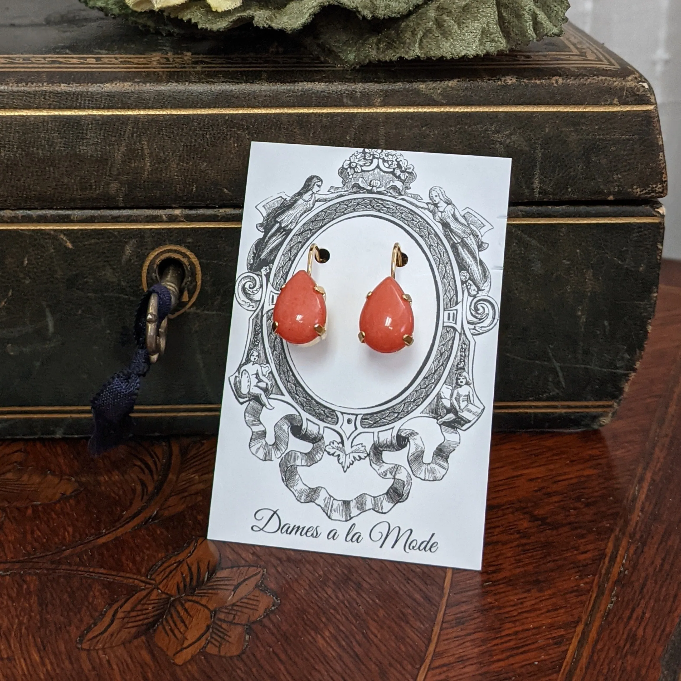 Coral Stone Teardrop Earrings - Medium