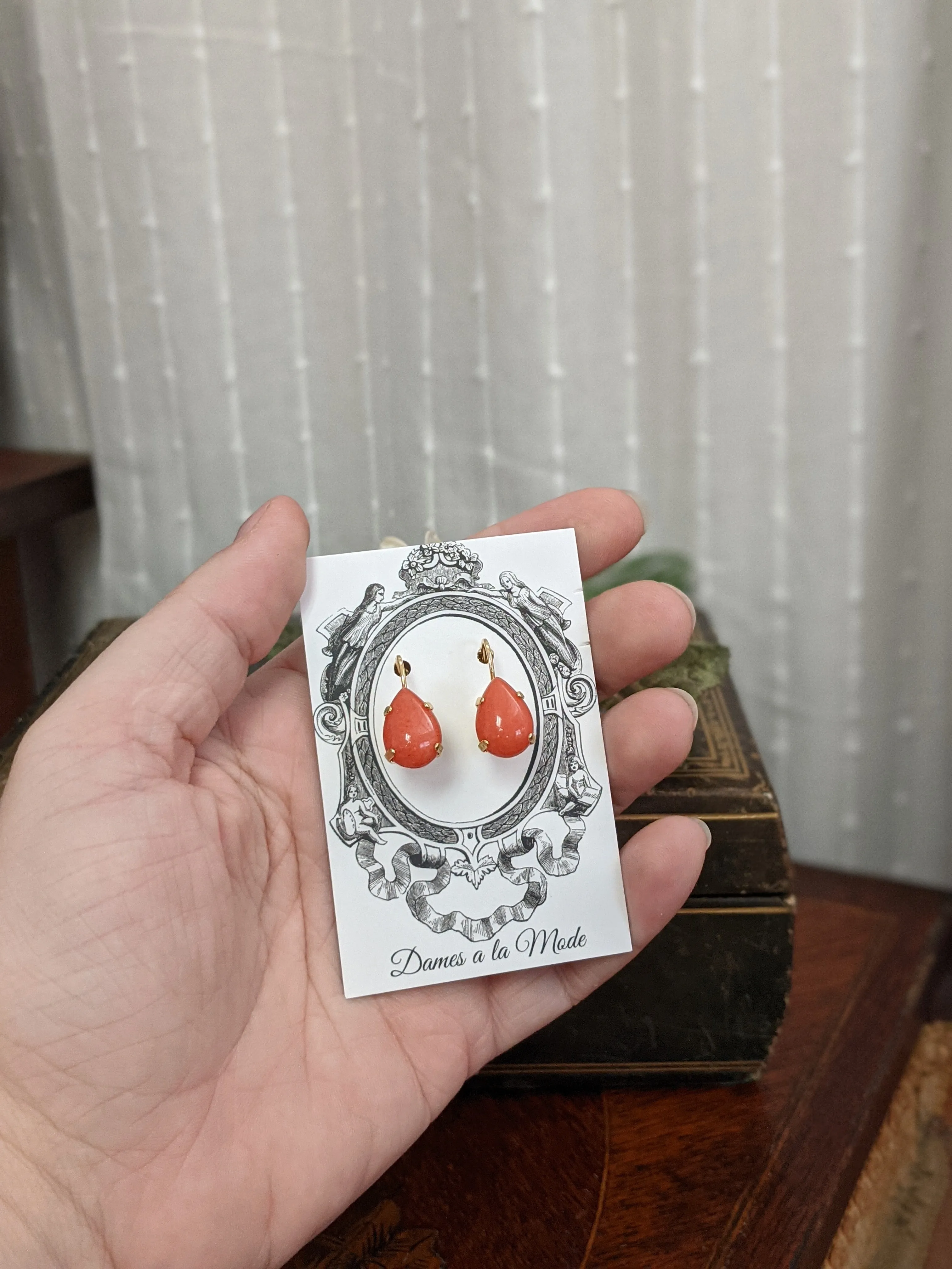 Coral Stone Teardrop Earrings - Medium