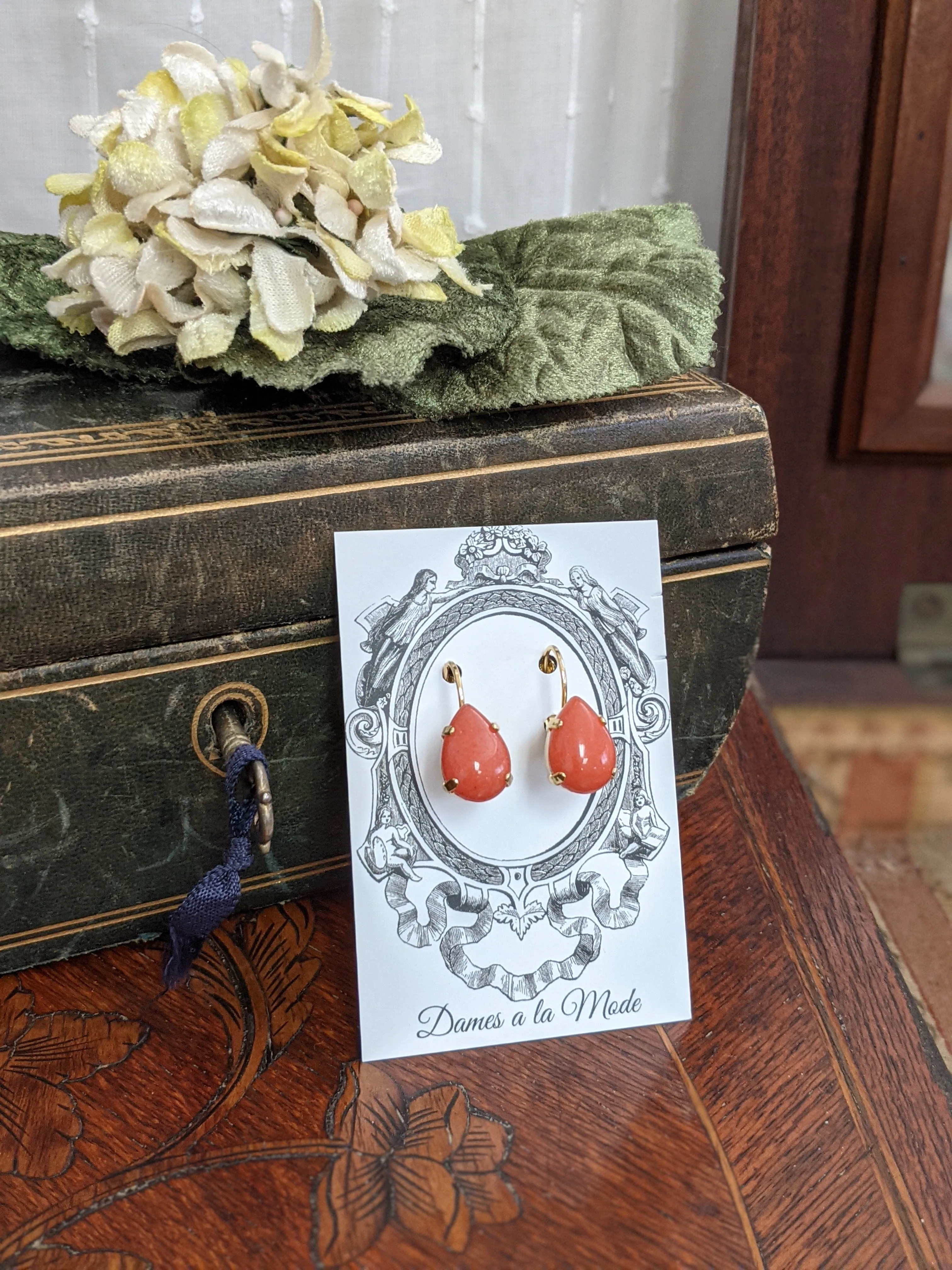 Coral Stone Teardrop Earrings - Medium