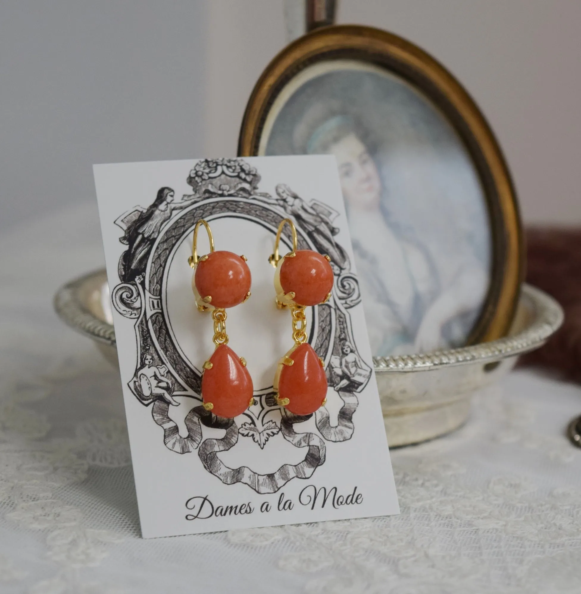 Coral Two Stone Earrings - Round and Teardrop