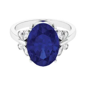 Created Blue Sapphire Oval Engagement Ring with Diamond