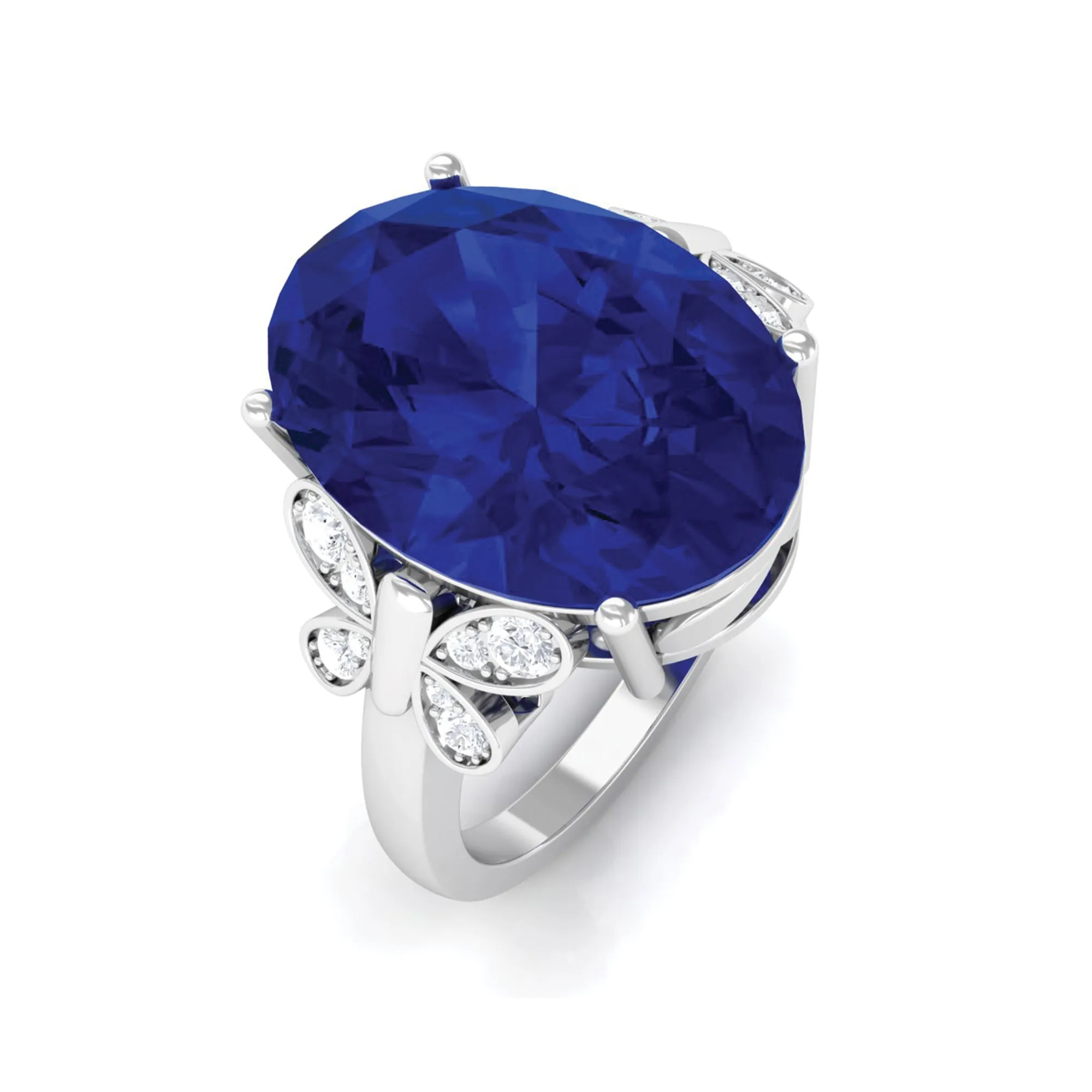 Created Blue Sapphire Oval Engagement Ring with Diamond