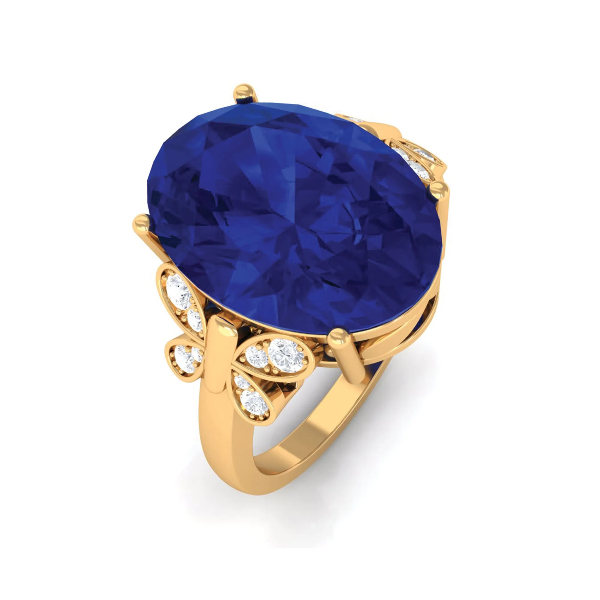 Created Blue Sapphire Oval Engagement Ring with Diamond