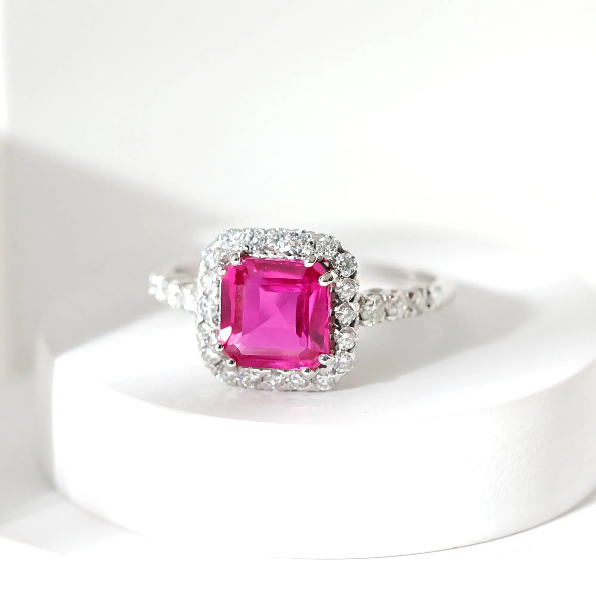 Created Pink Sapphire and Moissanite Halo Engagement Ring