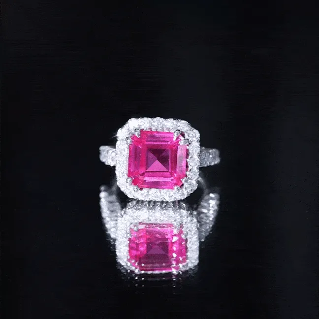 Created Pink Sapphire and Moissanite Halo Engagement Ring