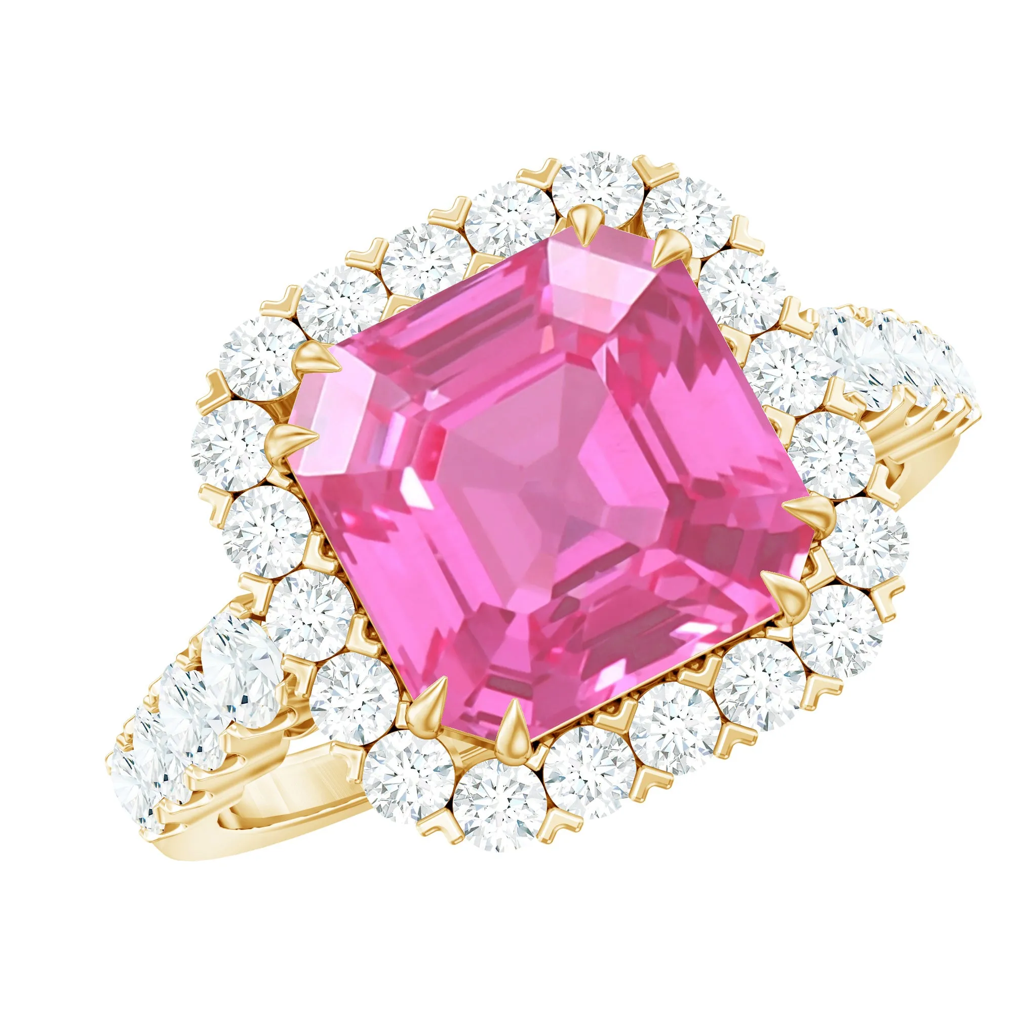 Created Pink Sapphire and Moissanite Halo Engagement Ring