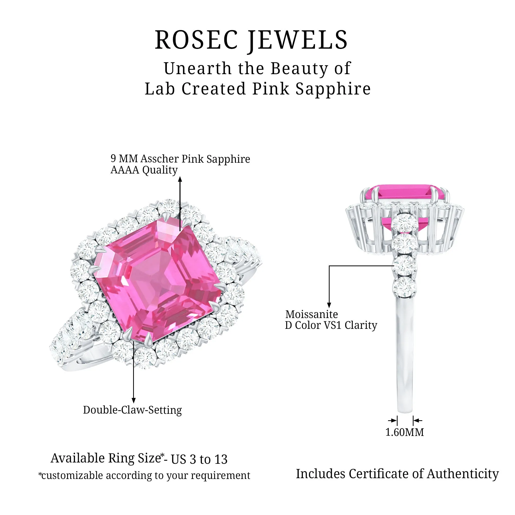 Created Pink Sapphire and Moissanite Halo Engagement Ring