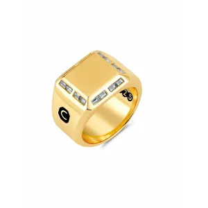 CRISLU Mens Large Signet Ring with Baguette CZ Finished in 18KT Yellow Gold