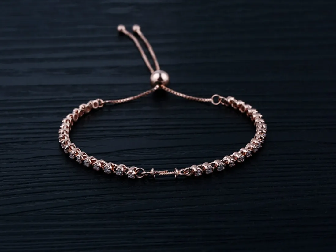 Crystals Chain Cup Bangle Mount Bracelet Setting Sterling Silver Rose Gold 925 6-10mm For One Pearl Bead Adjustable DIY Jewelry Wholesale