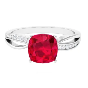 Cushion Cut Solitaire Lab Grown Ruby Infinity Engagement Ring with Diamond