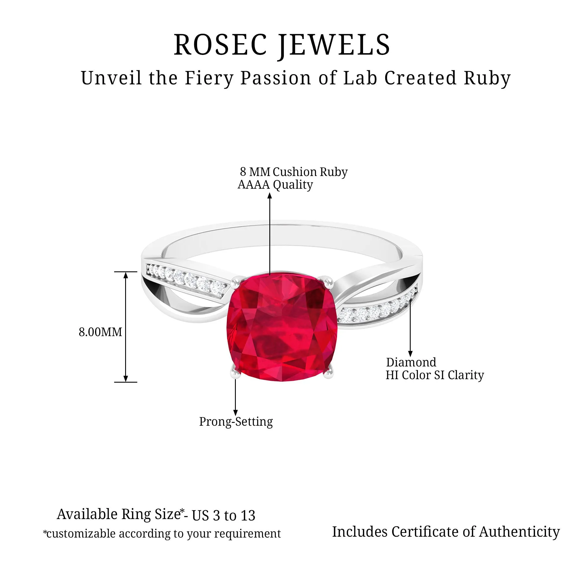 Cushion Cut Solitaire Lab Grown Ruby Infinity Engagement Ring with Diamond