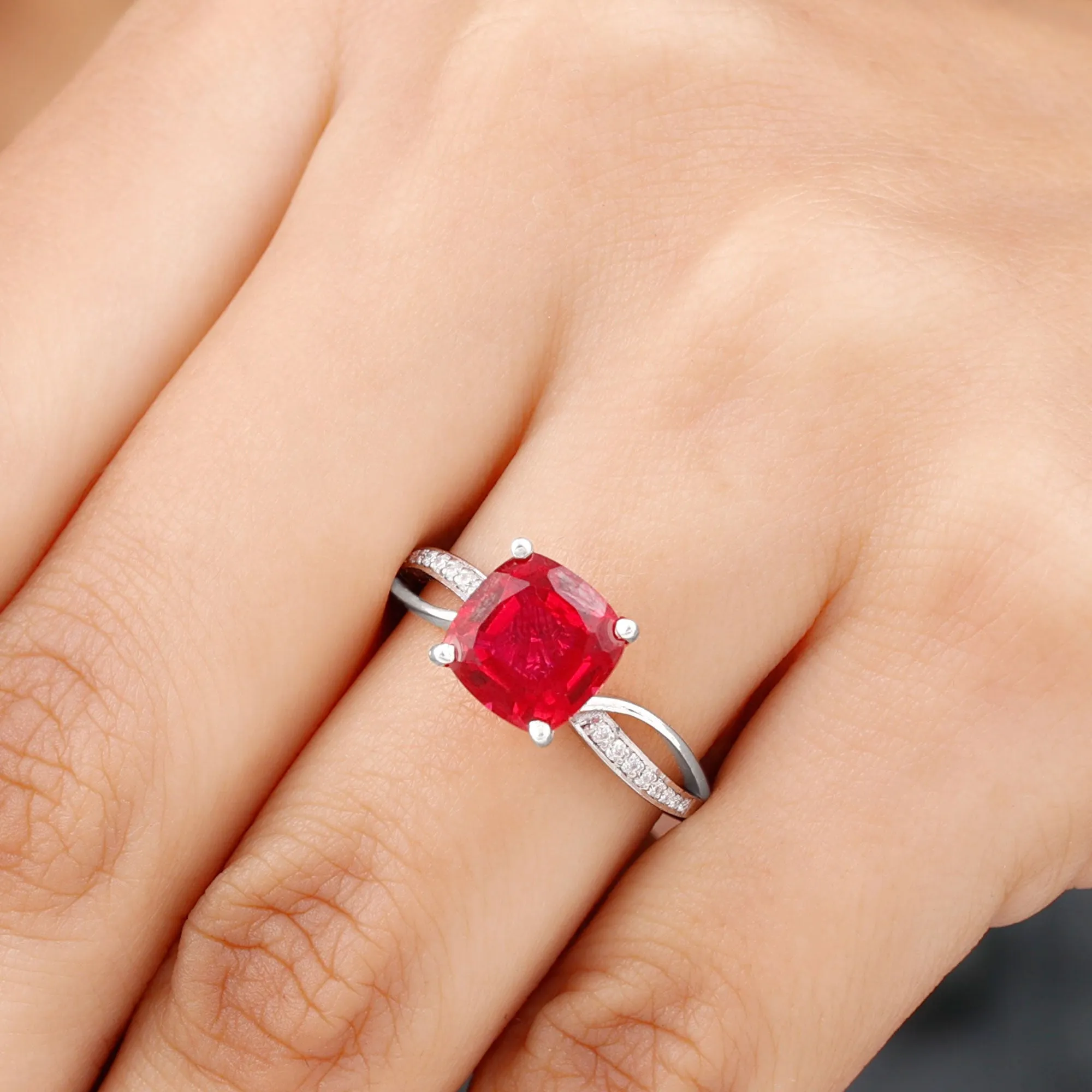 Cushion Cut Solitaire Lab Grown Ruby Infinity Engagement Ring with Diamond