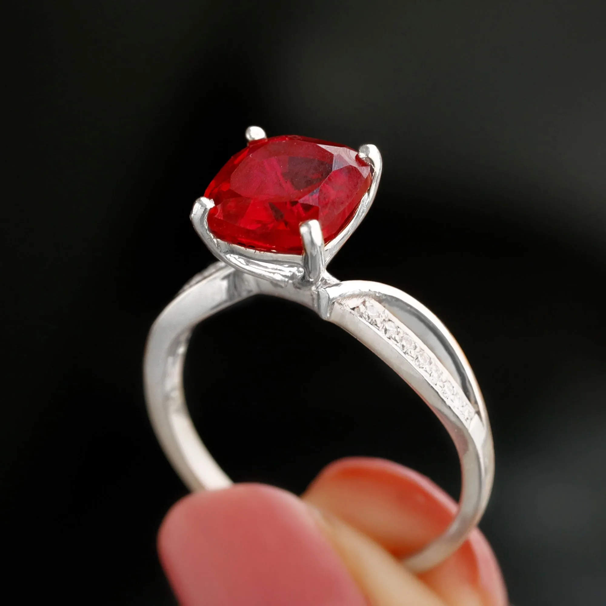 Cushion Cut Solitaire Lab Grown Ruby Infinity Engagement Ring with Diamond