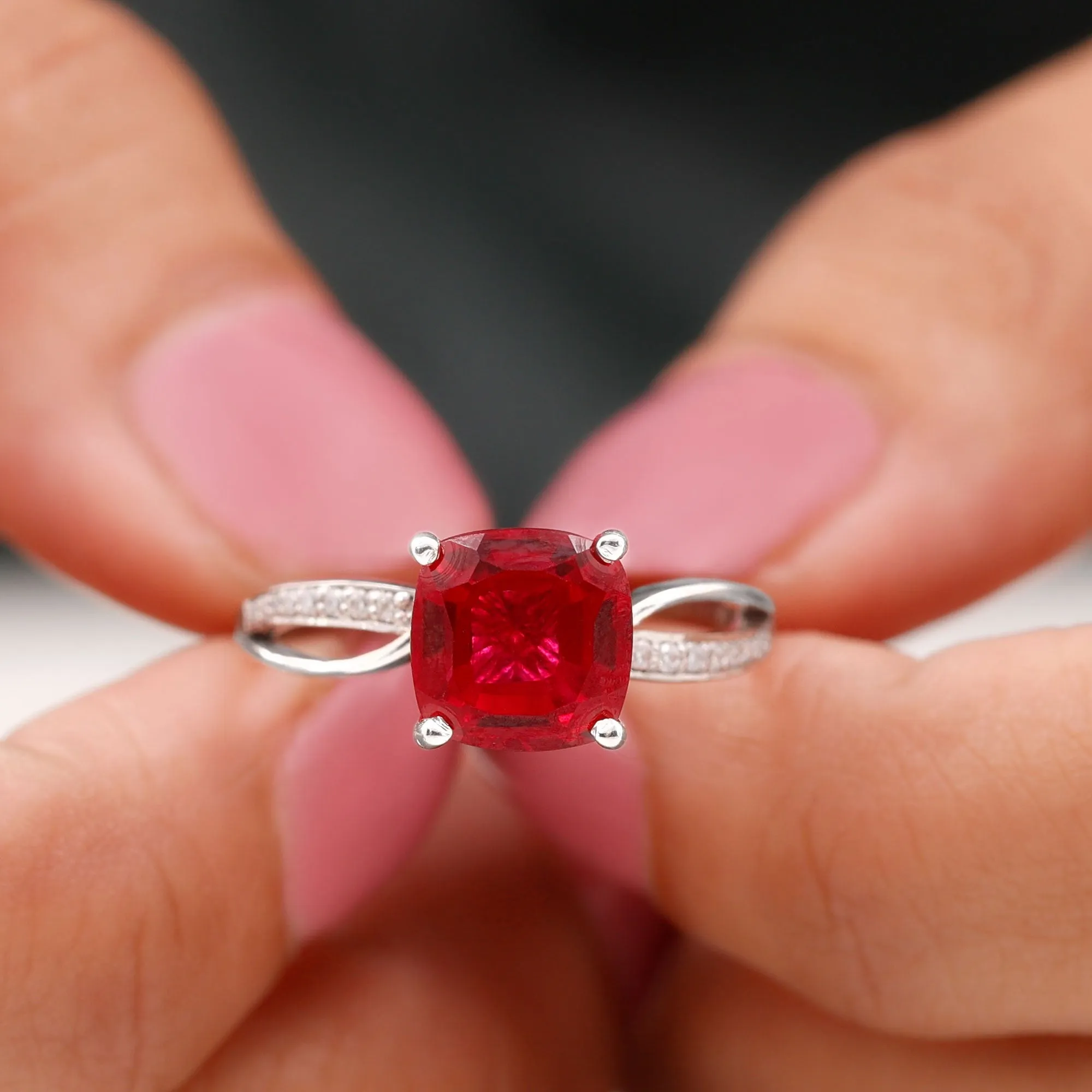 Cushion Cut Solitaire Lab Grown Ruby Infinity Engagement Ring with Diamond