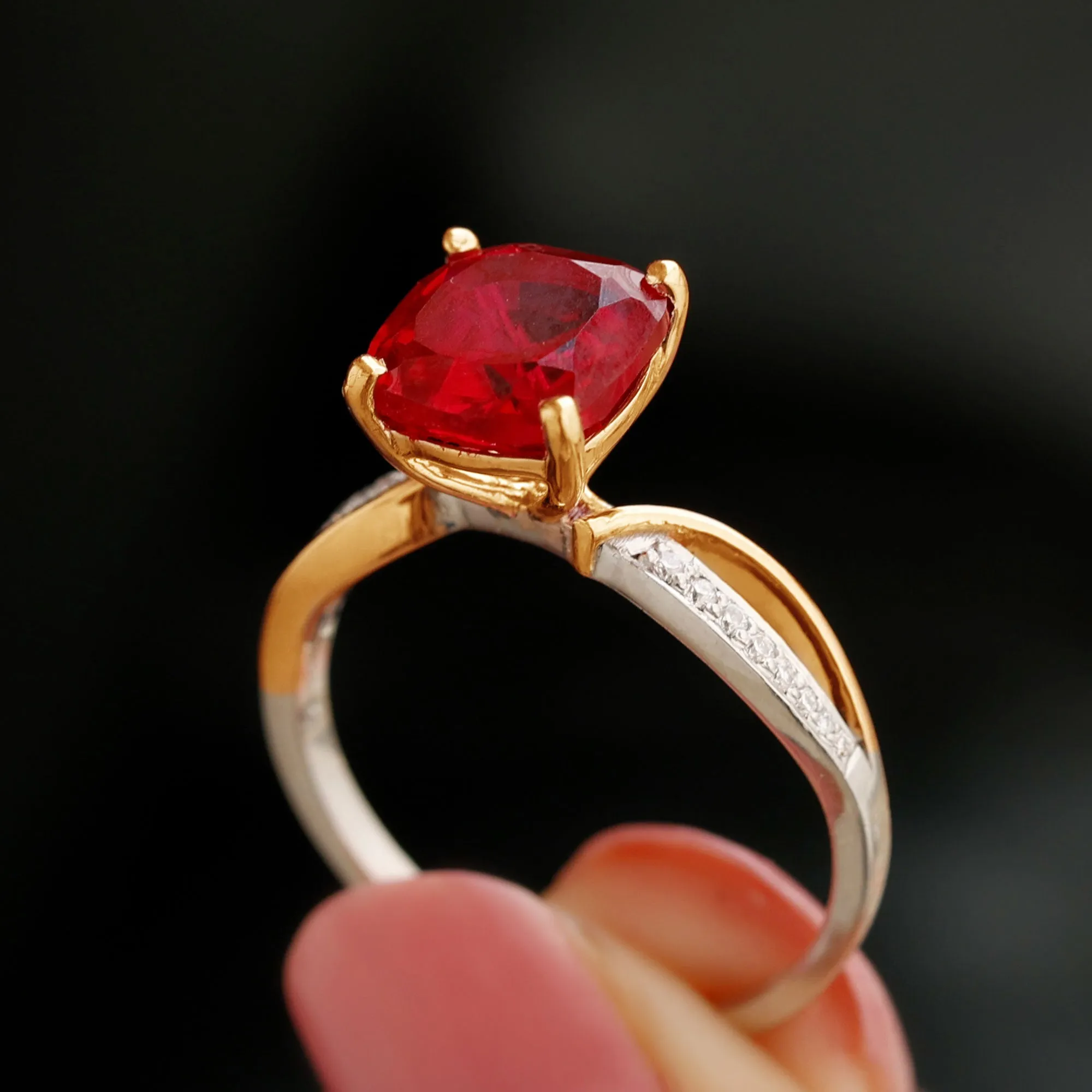 Cushion Cut Solitaire Lab Grown Ruby Infinity Engagement Ring with Diamond