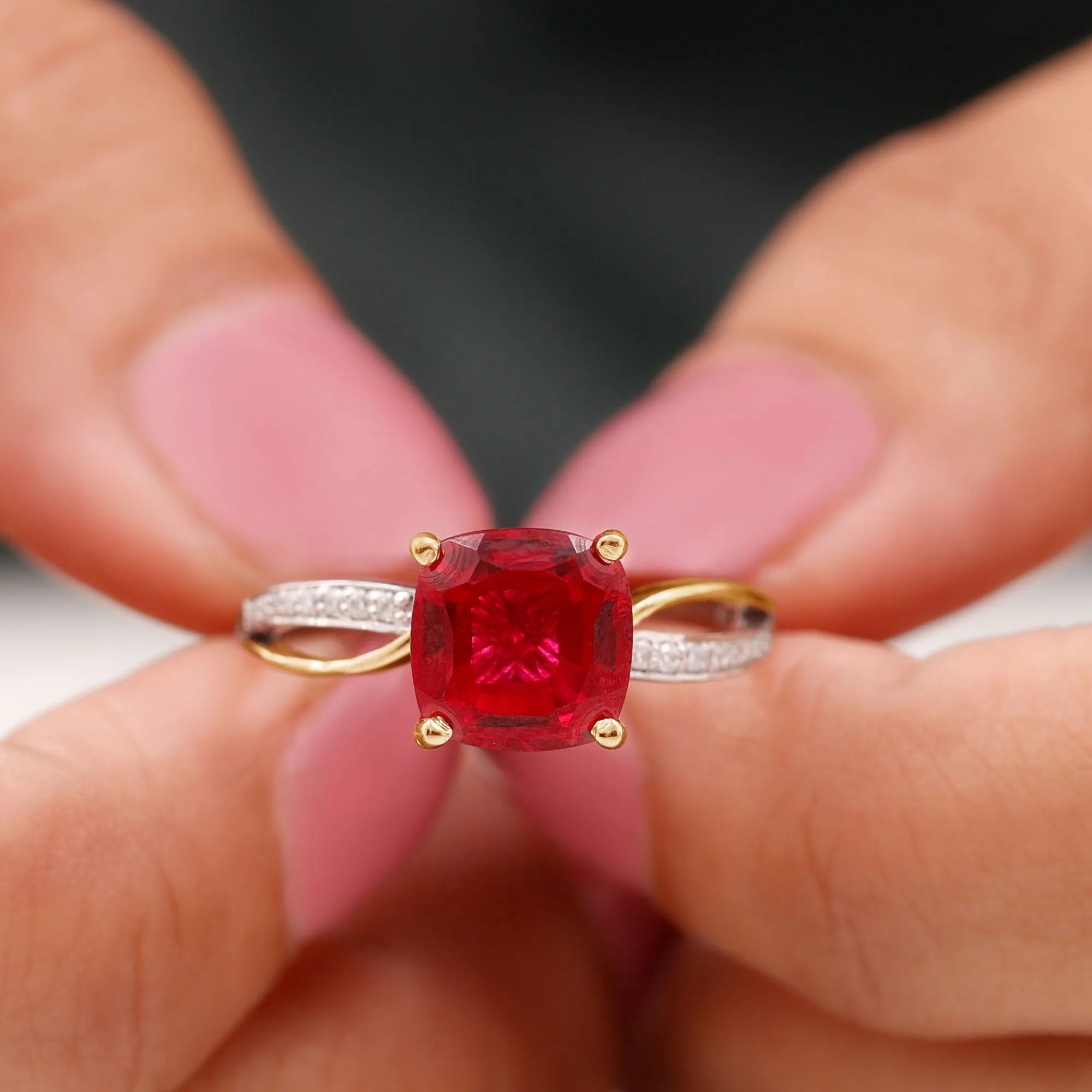 Cushion Cut Solitaire Lab Grown Ruby Infinity Engagement Ring with Diamond