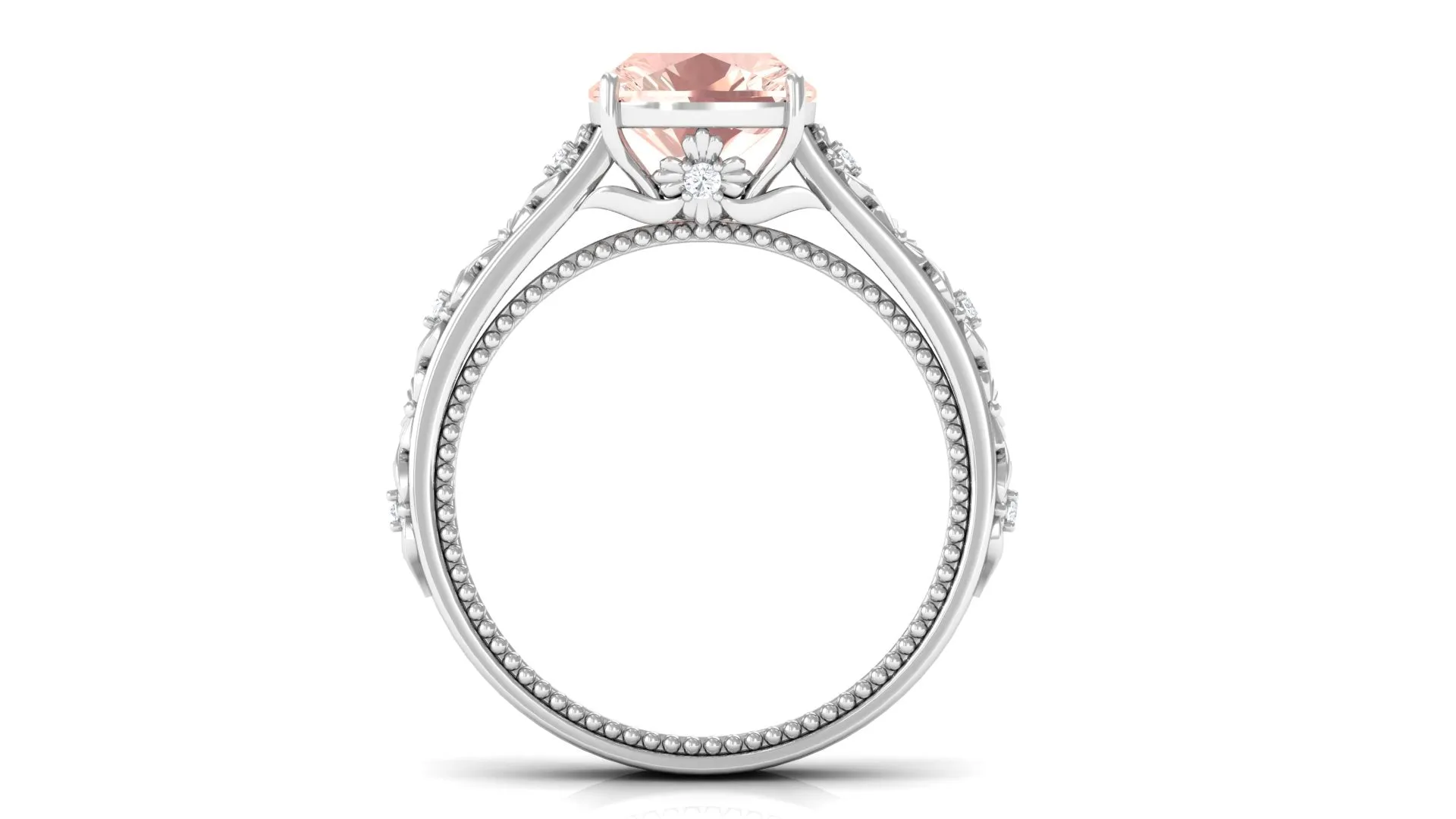 Cushion Cut Solitaire Morganite Floral Engagement Ring with Diamond