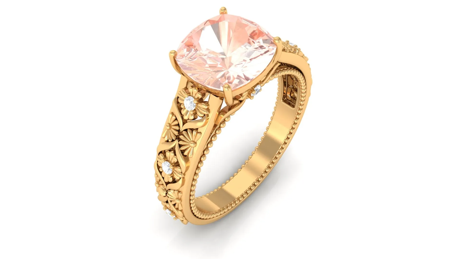 Cushion Cut Solitaire Morganite Floral Engagement Ring with Diamond