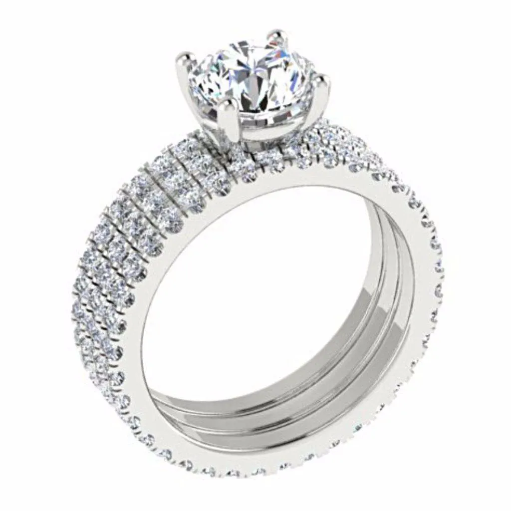 Diamond Engagement Ring and Eternity Bands Set 18K White Gold