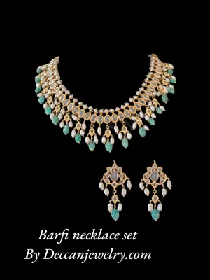 DNS110 Barfi necklace set in fresh water pearls and emerald beads ( SHIPS IN 4 WEEKS )