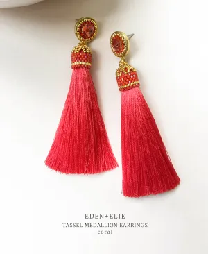 EDEN   ELIE silk tassel statement earrings - coral red