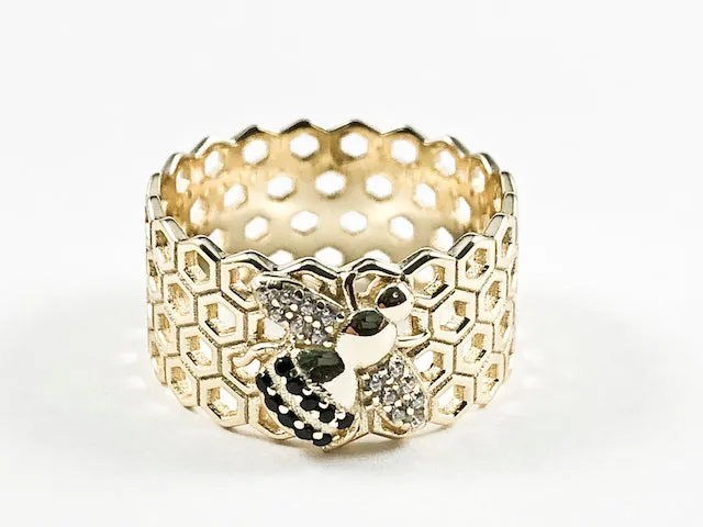 Elegant Bee Charm With Honey Comb Textured Band Style Gold Tone Silver Ring