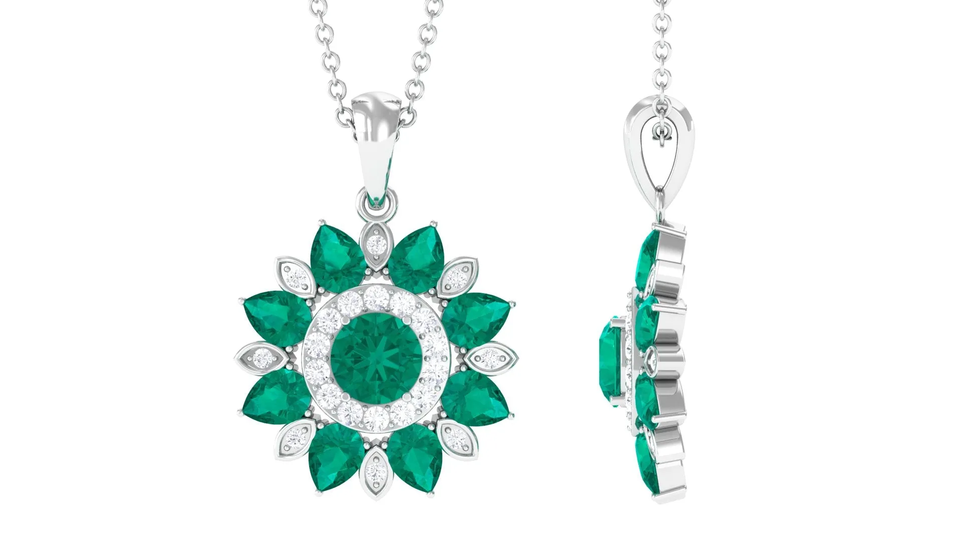 Emerald and Diamond Flower Statement Pendant Necklace