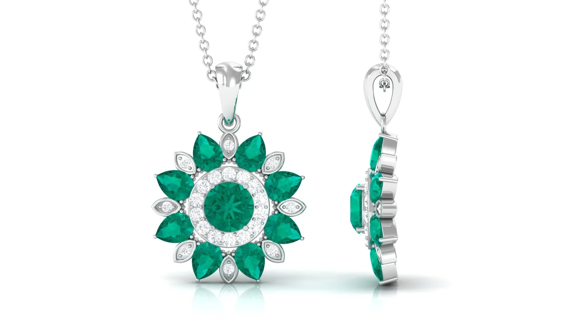 Emerald and Diamond Flower Statement Pendant Necklace