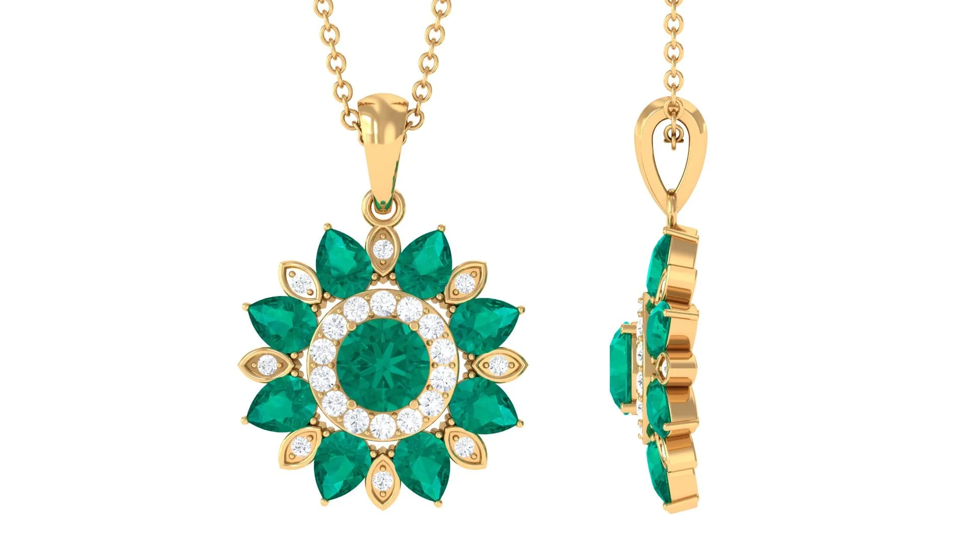 Emerald and Diamond Flower Statement Pendant Necklace