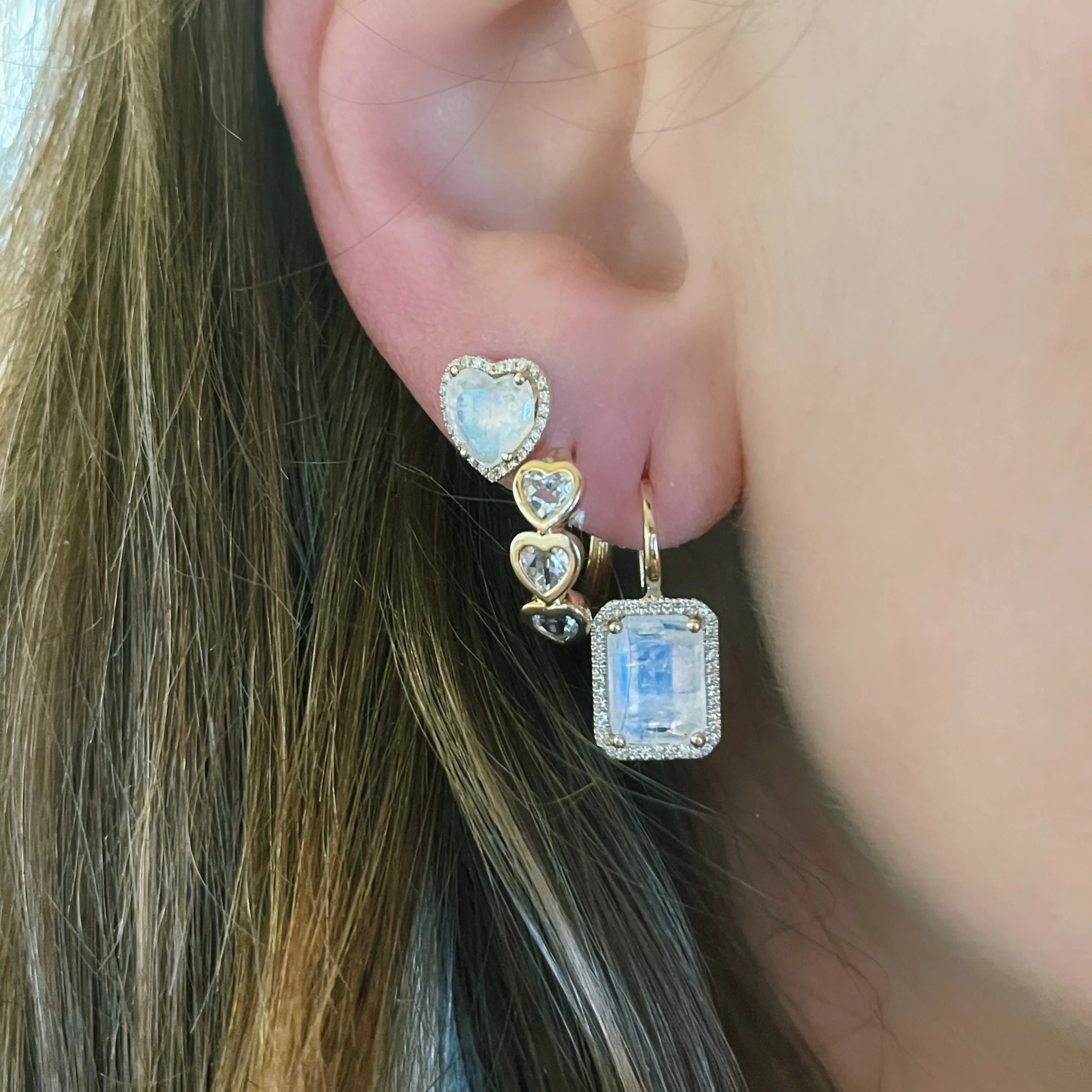 Emerald Cut Moonstone Drop Earrings with Diamond Frame