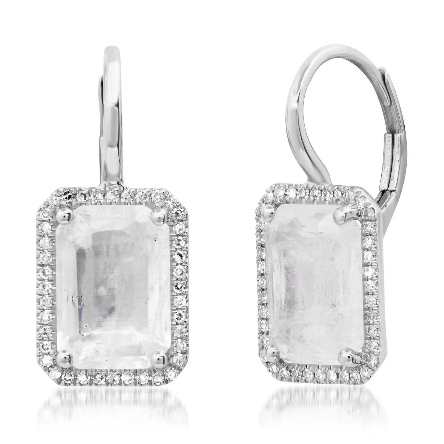 Emerald Cut Moonstone Drop Earrings with Diamond Frame