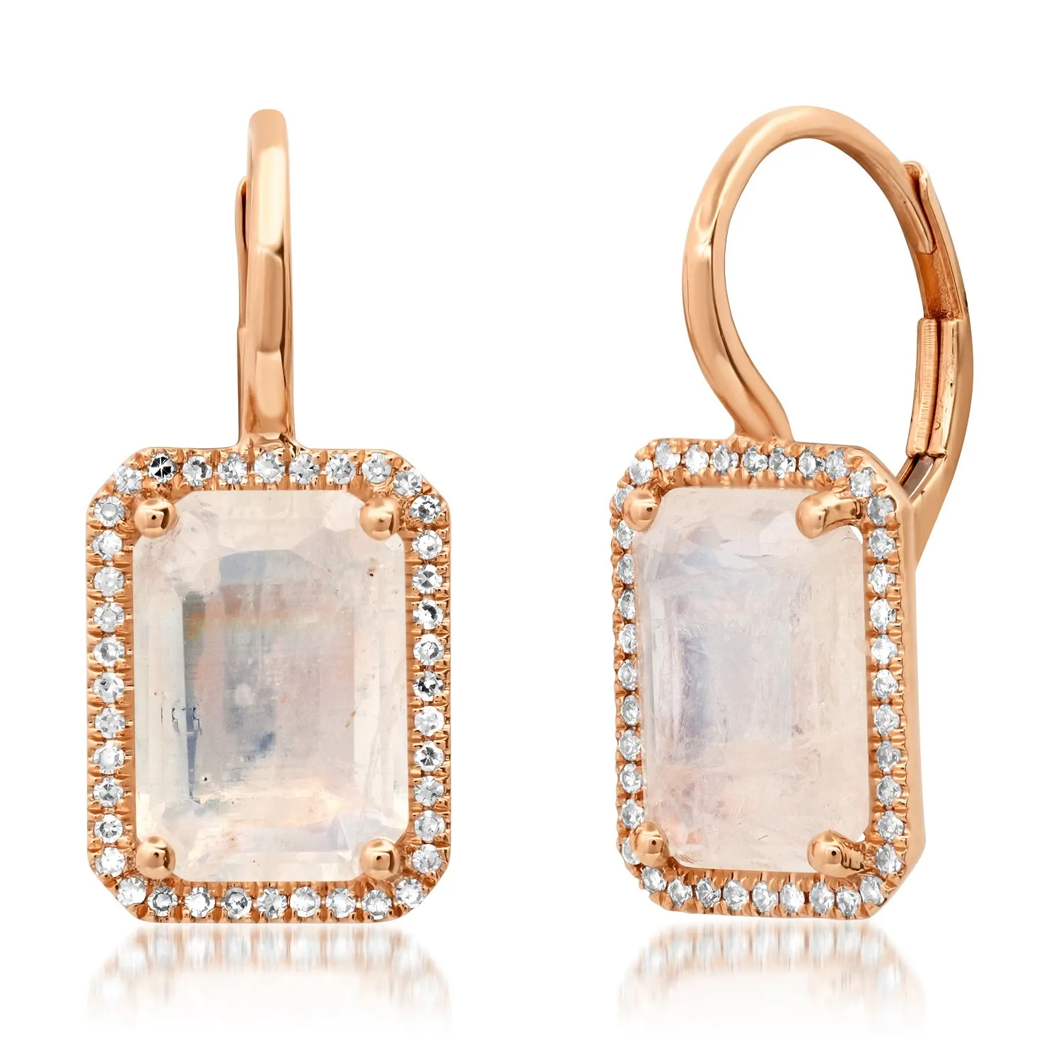 Emerald Cut Moonstone Drop Earrings with Diamond Frame