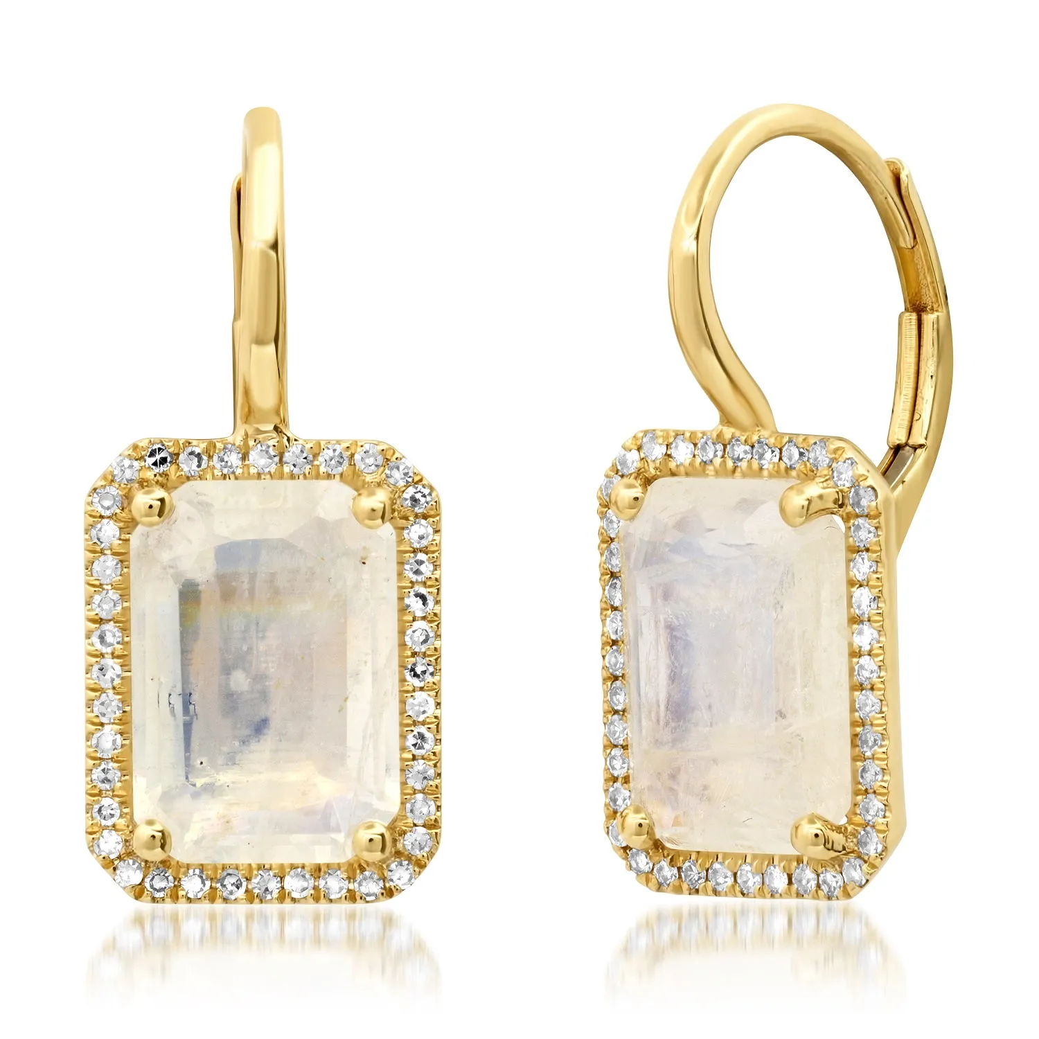 Emerald Cut Moonstone Drop Earrings with Diamond Frame