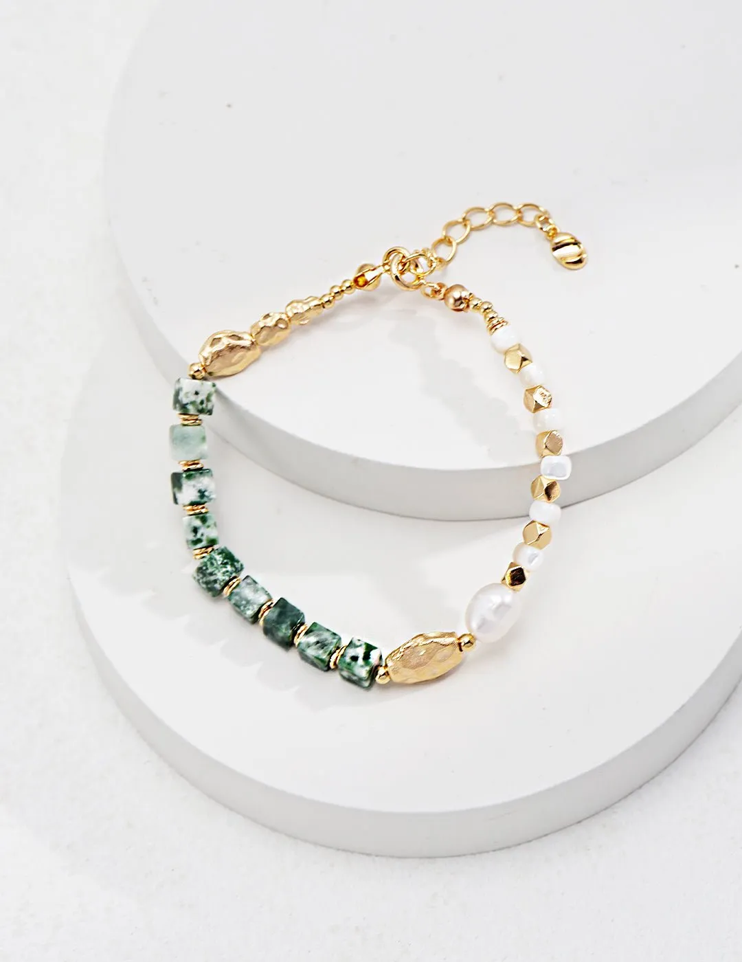 Emerald Green Gemstone and Pearl Bracelet