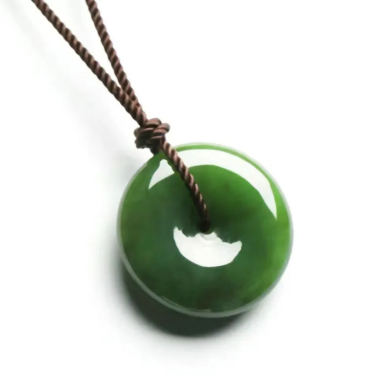 Emerald Green Natural Jadeite Jade Chinese「Ping An Kou」Pendant Necklace for Women and Men