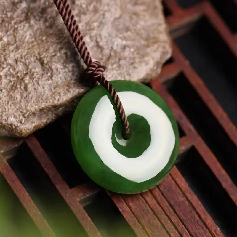 Emerald Green Natural Jadeite Jade Chinese「Ping An Kou」Pendant Necklace for Women and Men