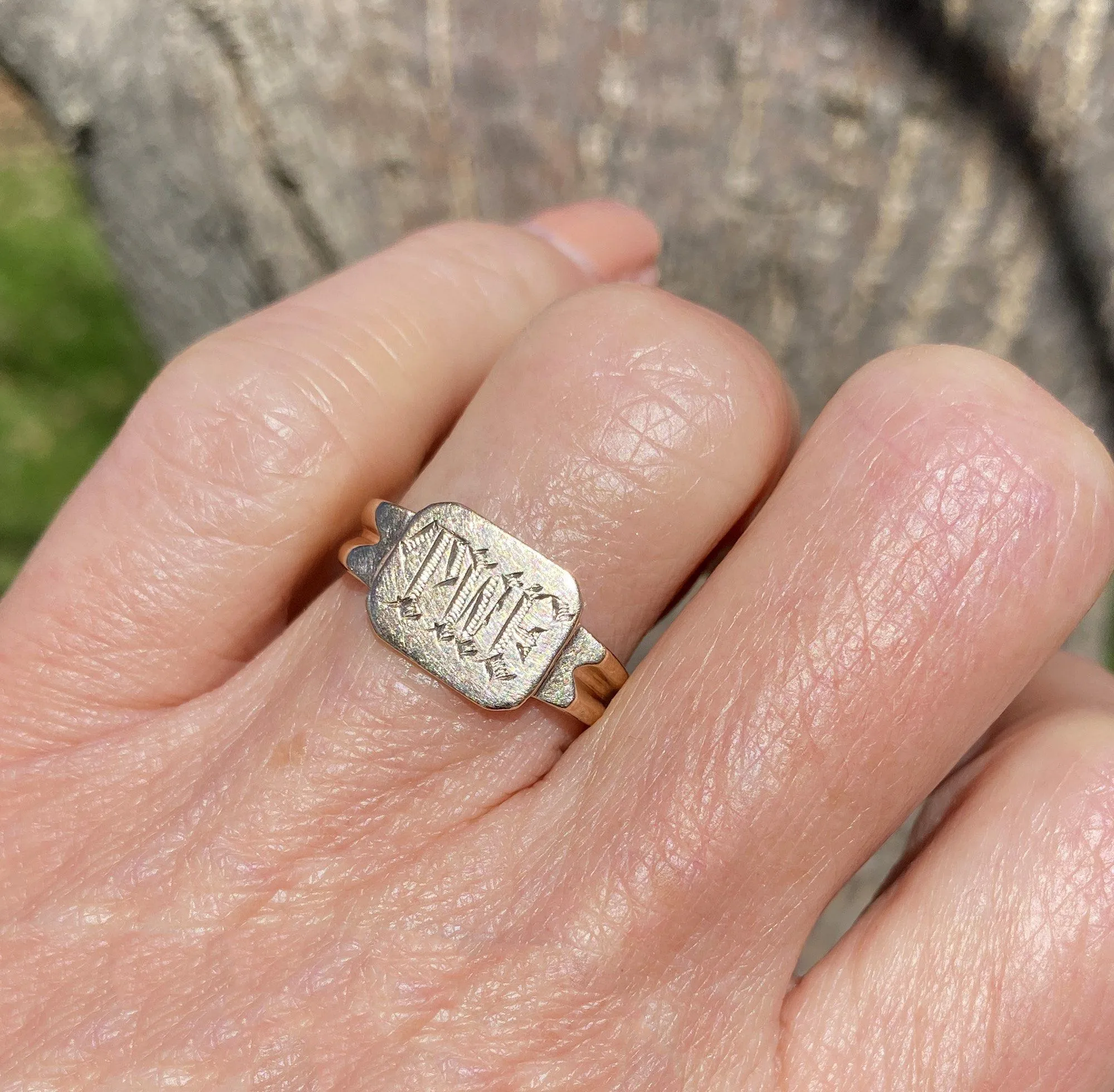 Engraved Initial Monogram Art Deco Gold Signet Ring