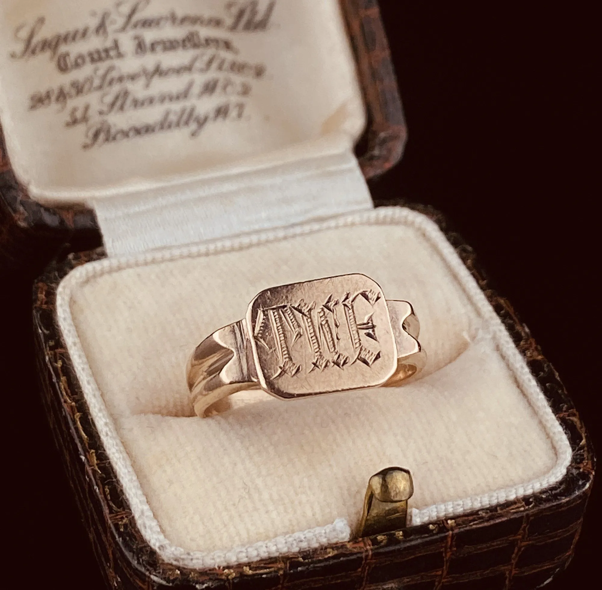 Engraved Initial Monogram Art Deco Gold Signet Ring